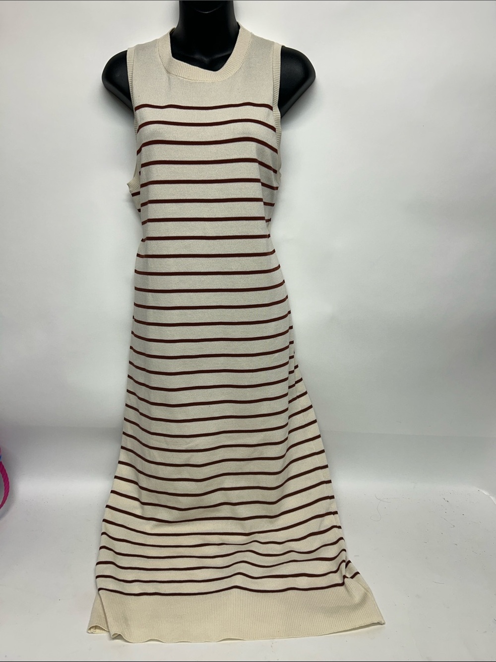 Sleeveless Striped Knit Maxi Dress - Cream with Brown Stripes size small